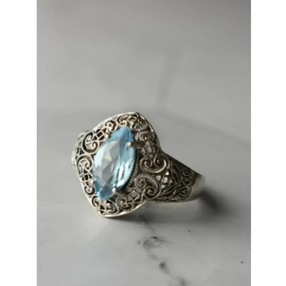 925 Sterling Silver Blue Spinel Openwork Ring Size 8.5